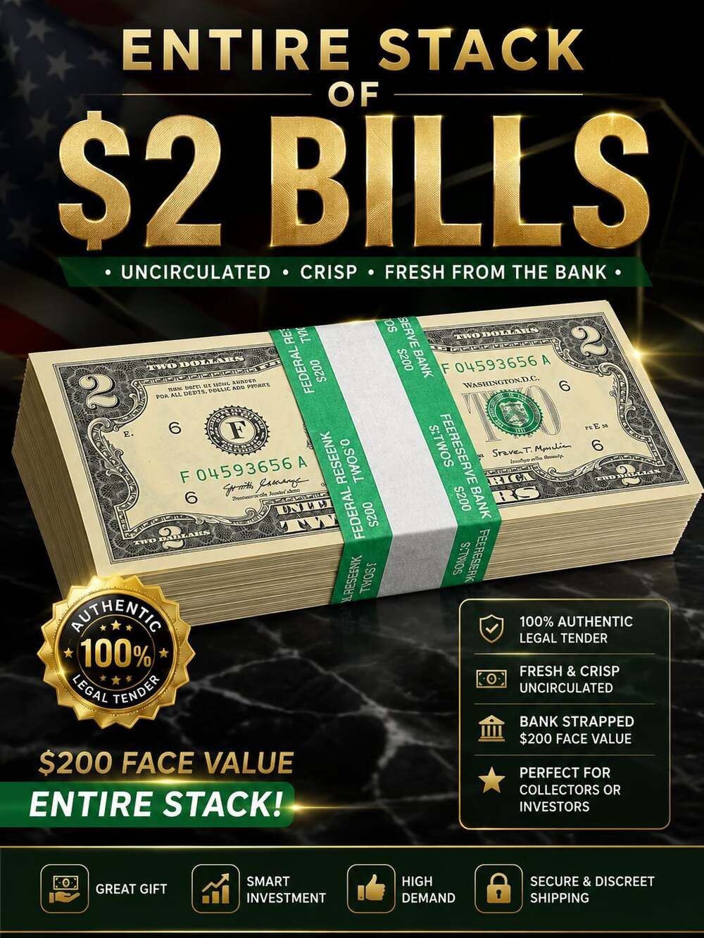 Uncirculated Federal Reserve $2 Bill Currency Strap (100 Notes)